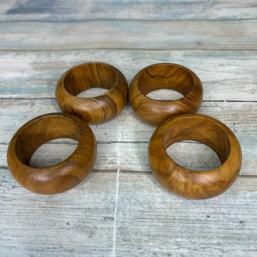 Vintage Bohemian Wooden Round Napkin Rings Natural Brown Table Setting Boho MCM